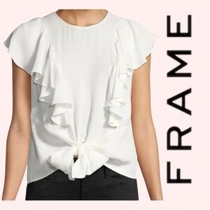 Frame Cream Flutter Ruffle Tie Front Top Coquette Button Back Girly Cap Sleeve